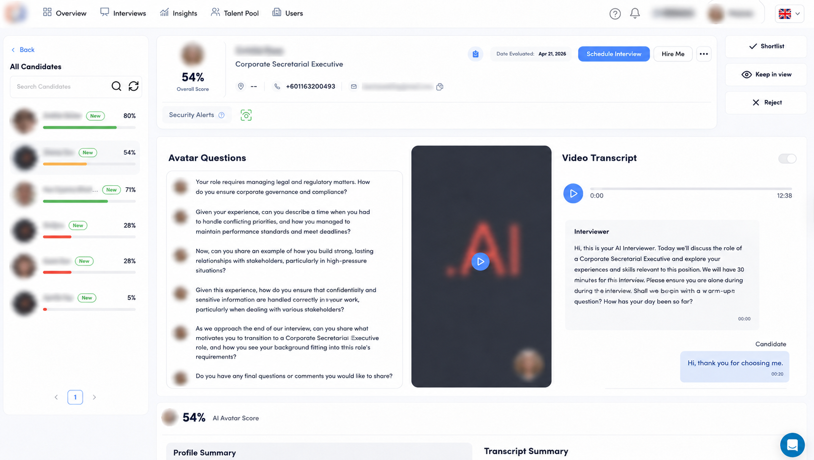 Pathwise AI interview scoring and feedback platform showing candidate score and transcript